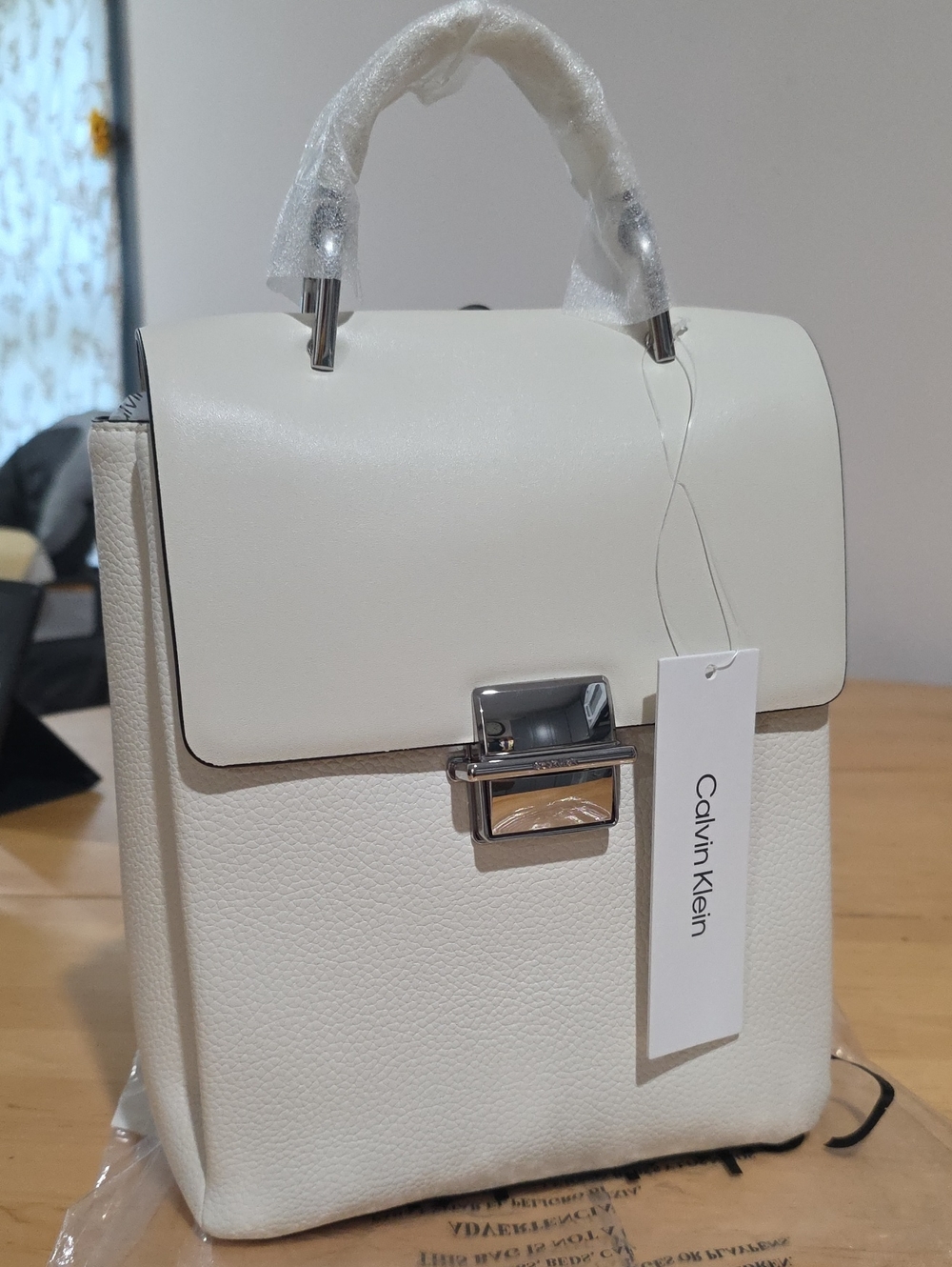 Calvin Klein Cream-White Leather Top-Handle Backpack
